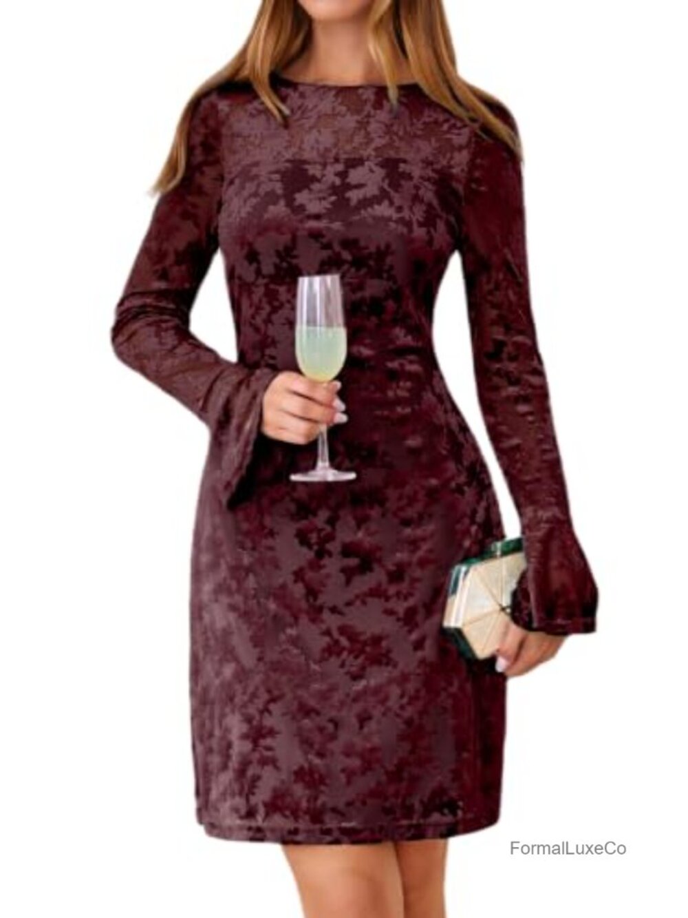 Sheath Midi Dress Long Sleeve Burnout Velvet Cocktail Party